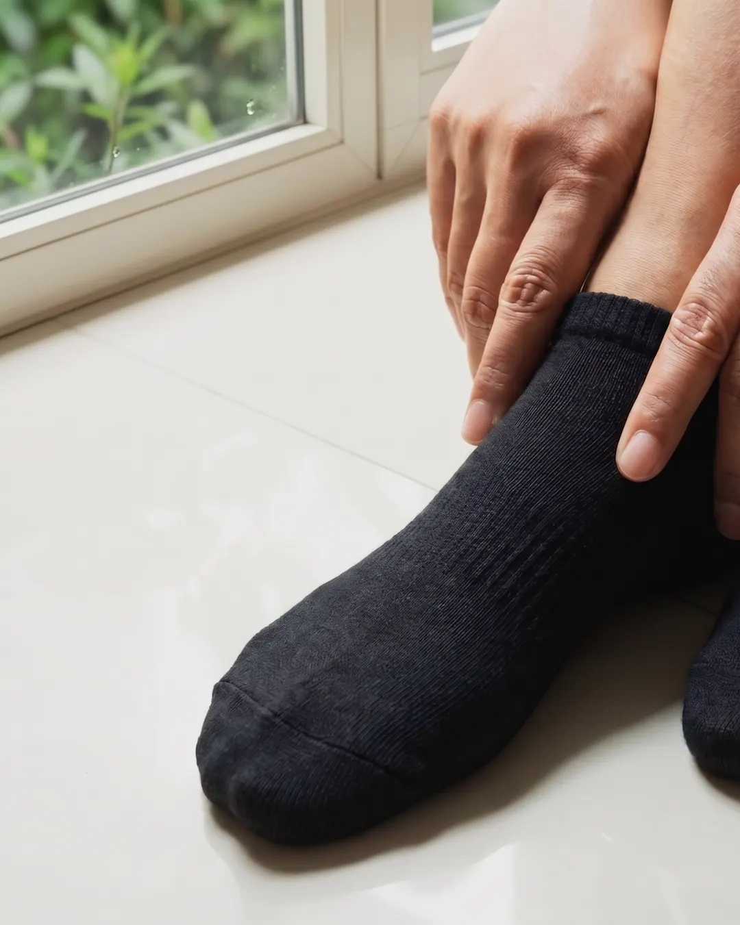 Hands resting over black cotton no-show socks by a sunlit window