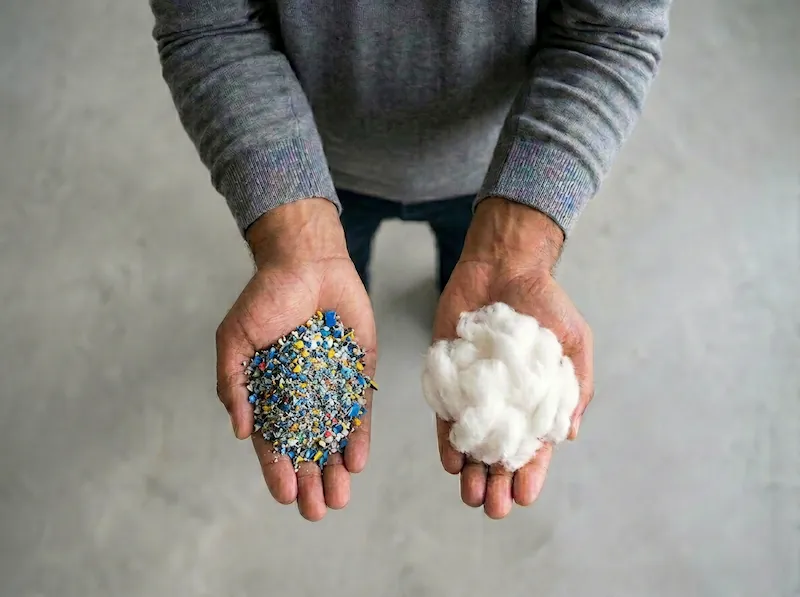 Two hands holding petroleum based synthetic plastic pellets compared to clean, non-toxic natural raw cotton fibers.